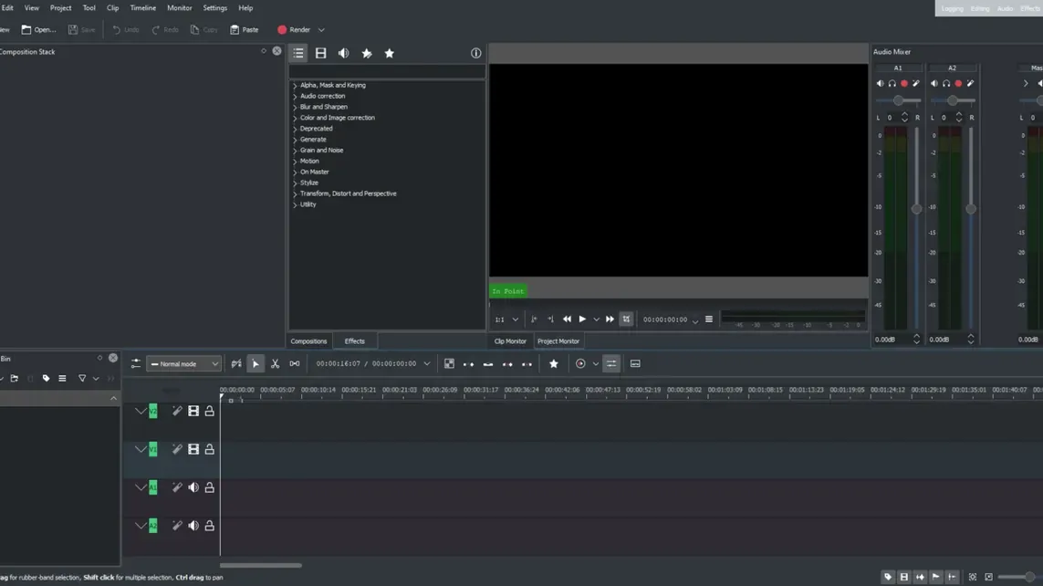 Видеоредакторът Kdenlive с времева линия, библиотека с клипове и прозорец за преглед