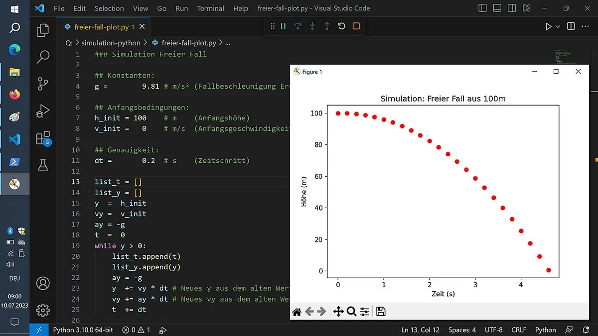 Код на Python и графика от симулация на екрана